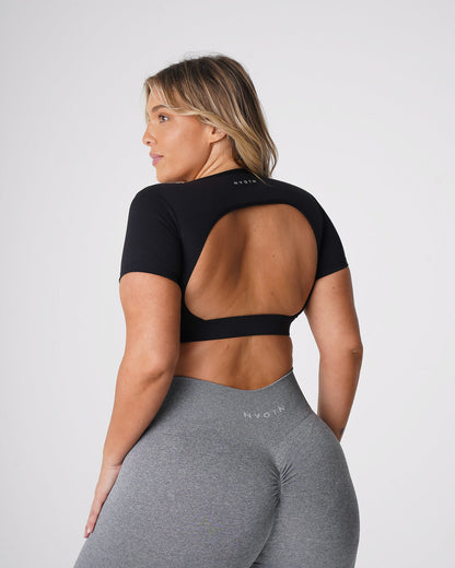 Women Black Open Back Tee | NVGTN