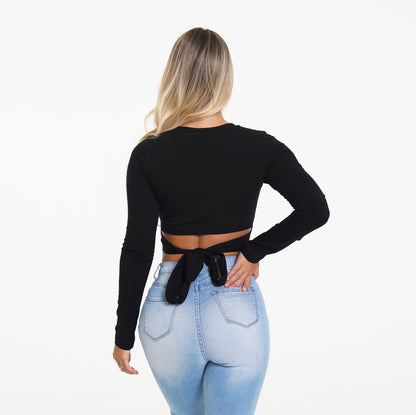 Women Wrap Around Black Long Sleeve Crop | NVGTN