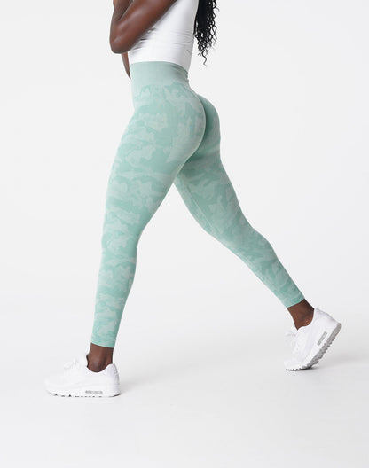 Women Sage Green Camo Seamless Leggings | NVGTN