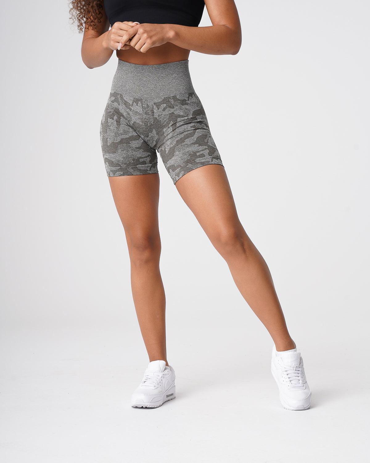 Women Khaki Green Camo Seamless Shorts | NVGTN