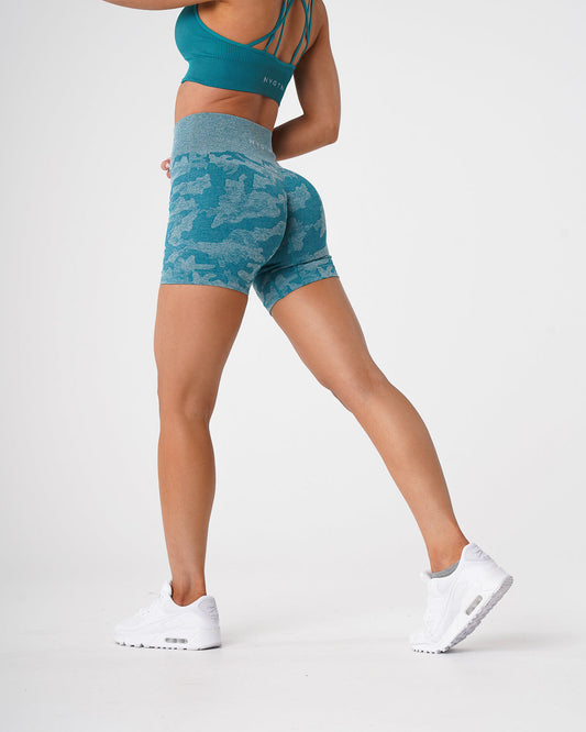 Women Teal Camo Seamless Shorts | NVGTN