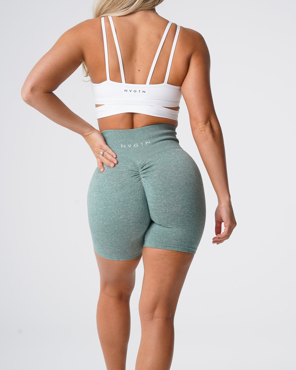 Women Sage Green Scrunch Seamless Shorts | NVGTN