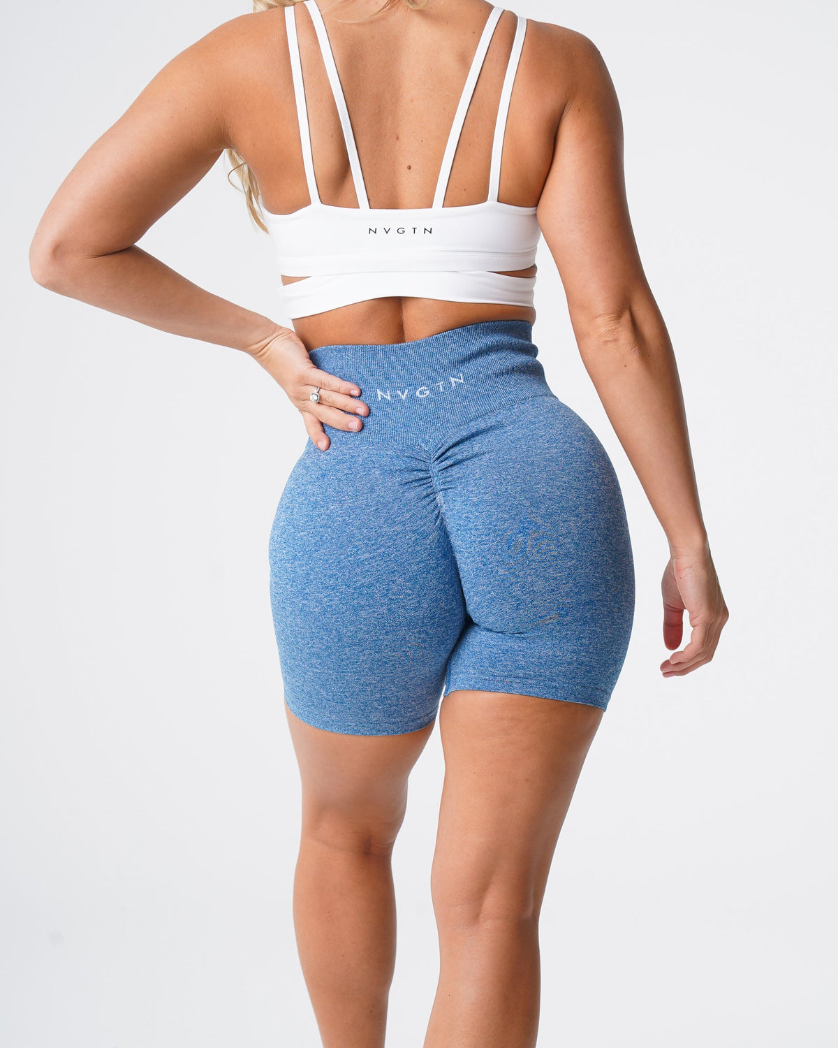 Women Sky Blue Scrunch Seamless Shorts | NVGTN