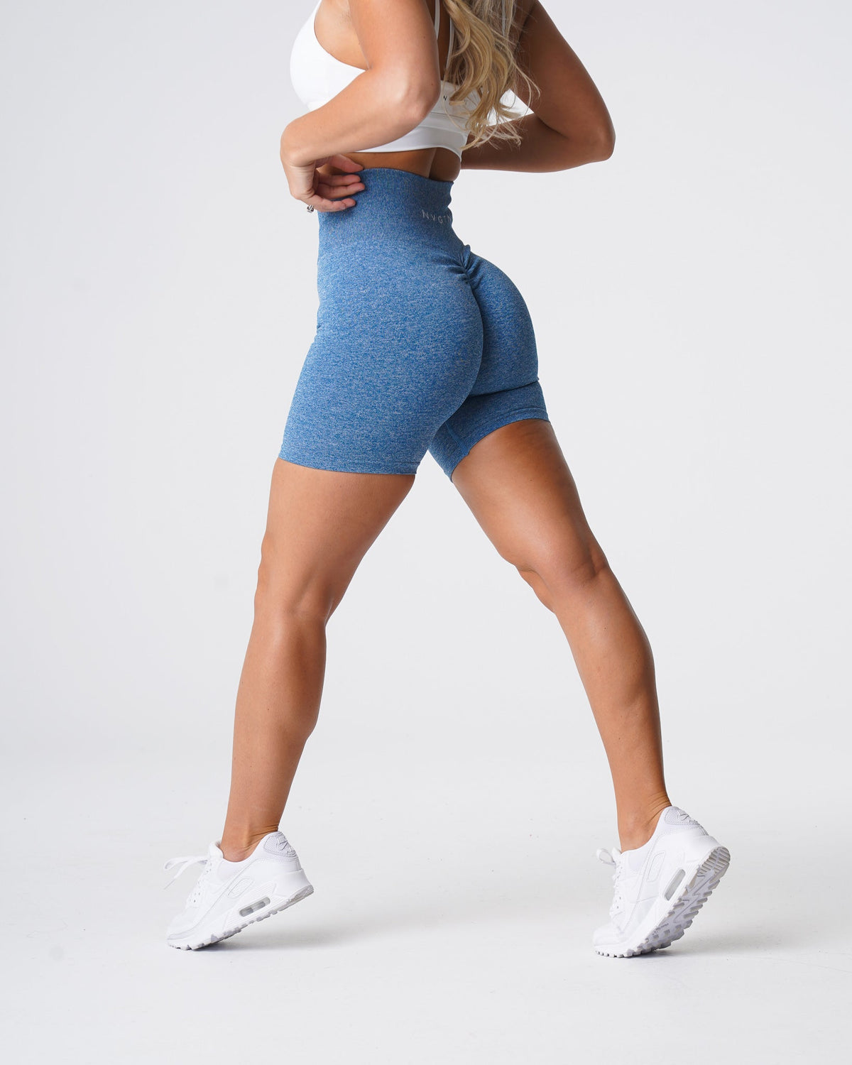 Women Sky Blue Scrunch Seamless Shorts | NVGTN
