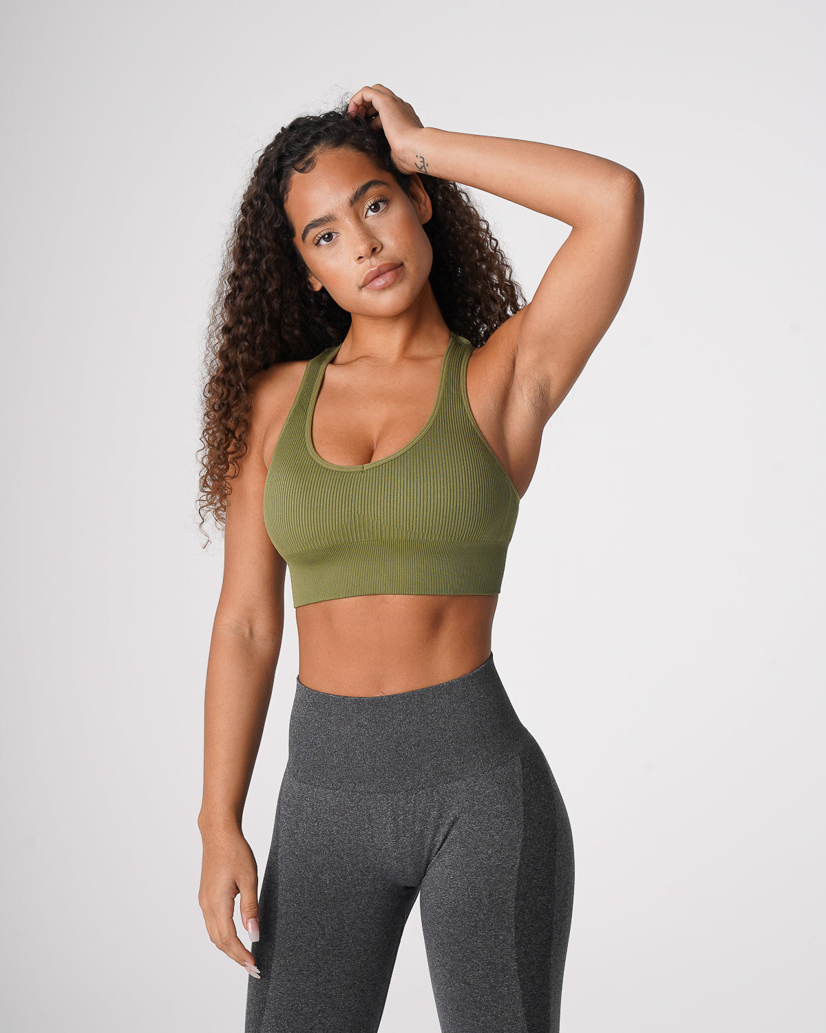 Women Khaki Green Galaxy Ribbed Seamless Bra | NVGTN