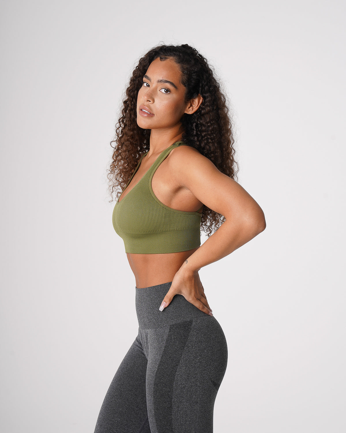 Women Khaki Green Galaxy Ribbed Seamless Bra | NVGTN