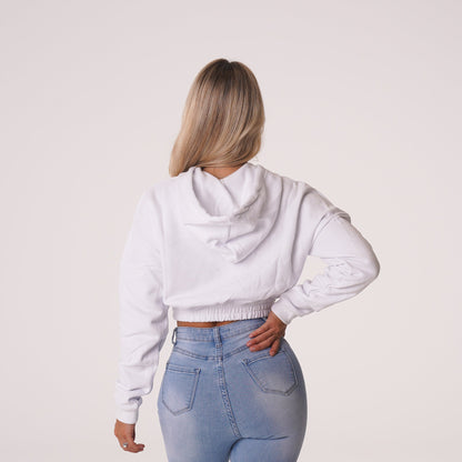 Women White Cozy Vibes Drop Shoulder Cropped Hoodie | NVGTN