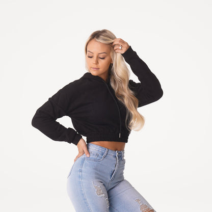 Women Black Cozy Vibes Drop Shoulder Cropped Hoodie | NVGTN