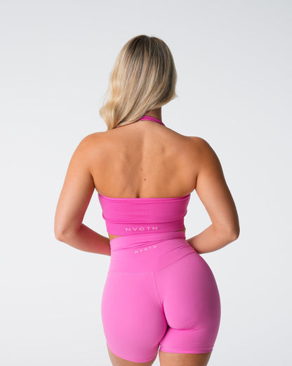 Women Bubble Gum Pink Limitless Ribbed Seamless Halter Bra | NVGTN