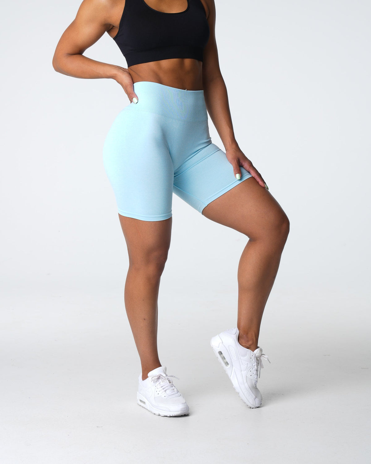 Women Pastel Blue Scrunch Seamless Shorts | NVGTN
