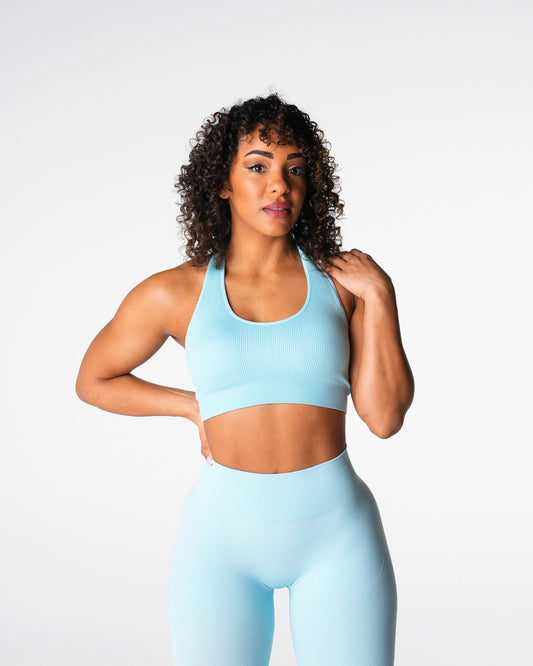 Women Pastel Blue Limitless Ribbed Seamless Halter Bra | NVGTN