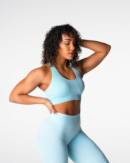 Women Pastel Blue Limitless Ribbed Seamless Halter Bra | NVGTN