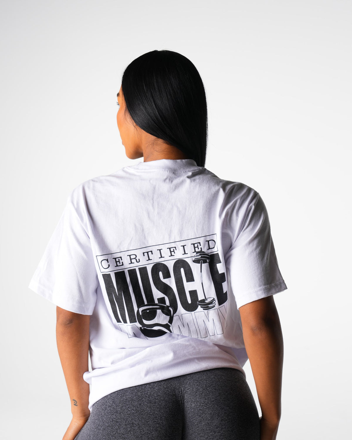 Women White Muscle Mommy Graphic Tee | NVGTN