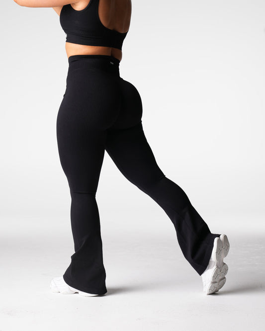 Women Black Harmony Ribbed Seamless Flare Leggings | NVGTN